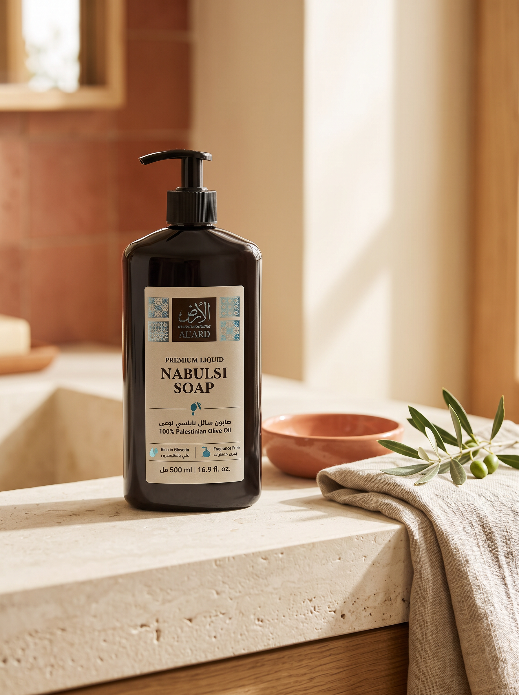 Al'Ard premium liquid Nabulsi soap black pump bottle with silver label in a warm bathroom setting
