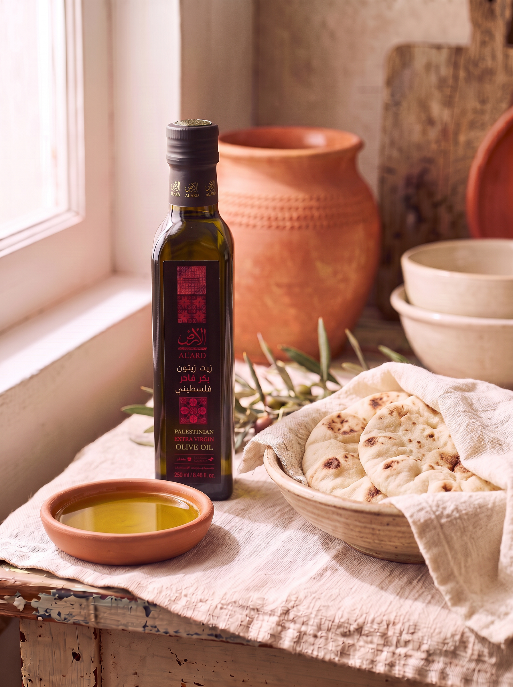 Al'Ard 250ml extra virgin olive oil bottle with red embroidery-pattern label, Palestinian flatbread in a cloth-lined bowl and a separate dish of olive oil in a warm kitchen setting