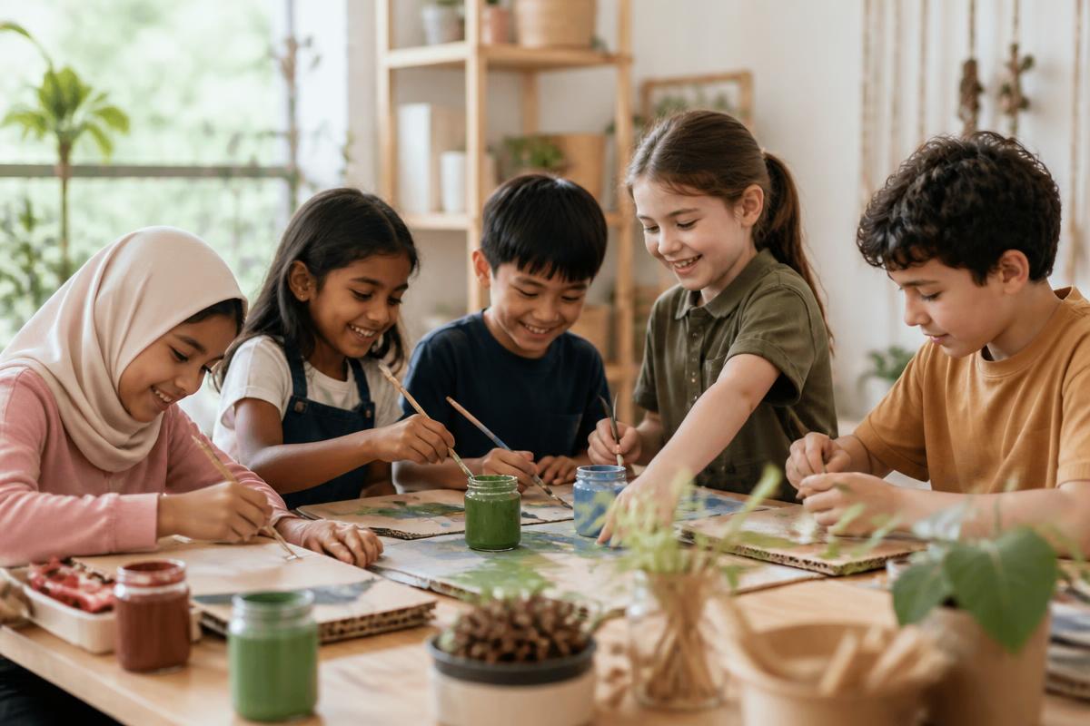 Group of children painting and making art in a workshop