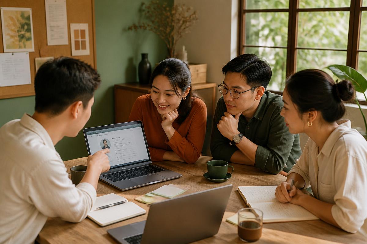 Professionals brainstorming around a laptop showing a LinkedIn profile