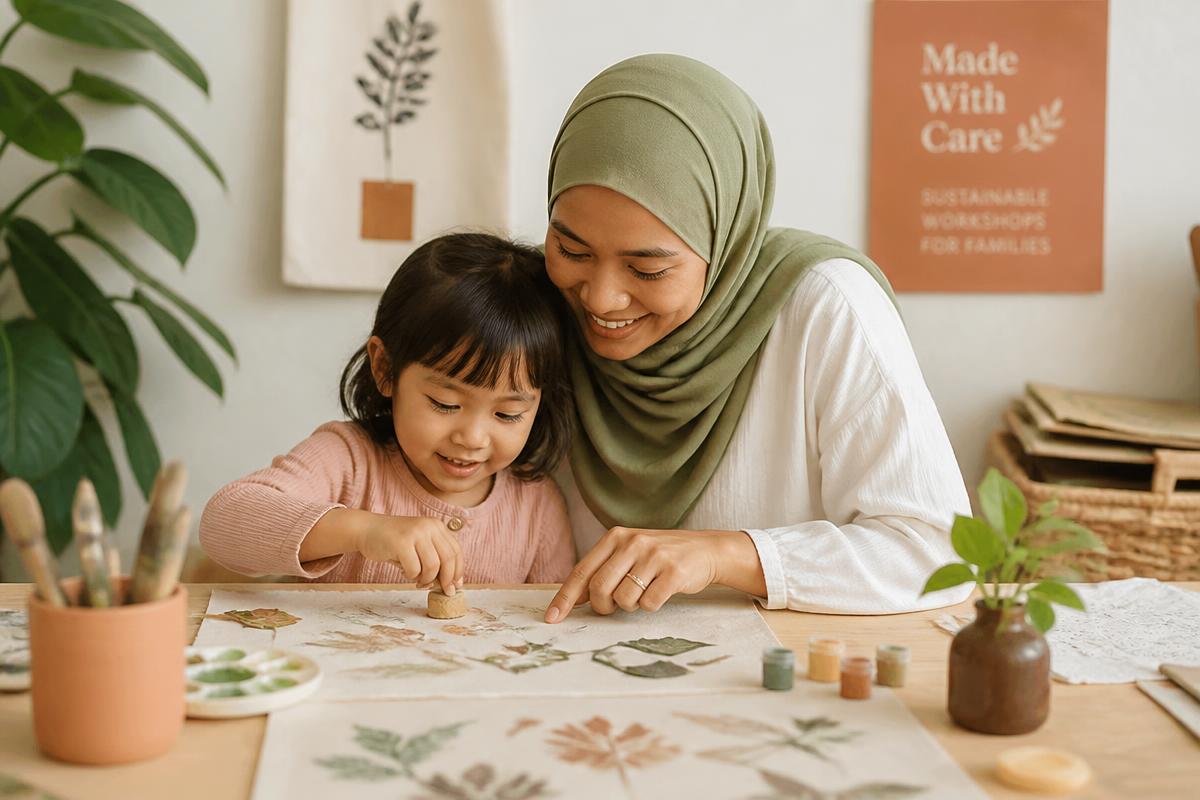 Mother and child drawing together in a creative workshop
