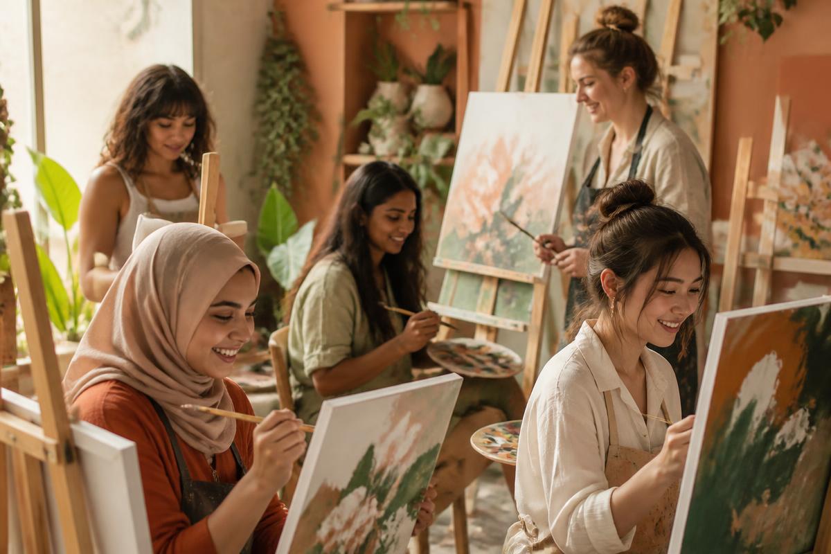 Women painting together in a supportive creative workshop